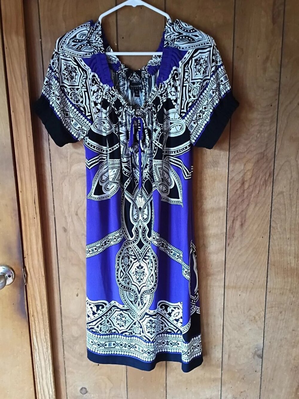En Focus Studio Dress Womens 12 Purple Black Geometric Print Stretch Pullover